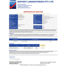 Load image into Gallery viewer, Certificate of analysis from Biotest Laboratories issued to the farm for the emu oil analysis showing TGA compliance.